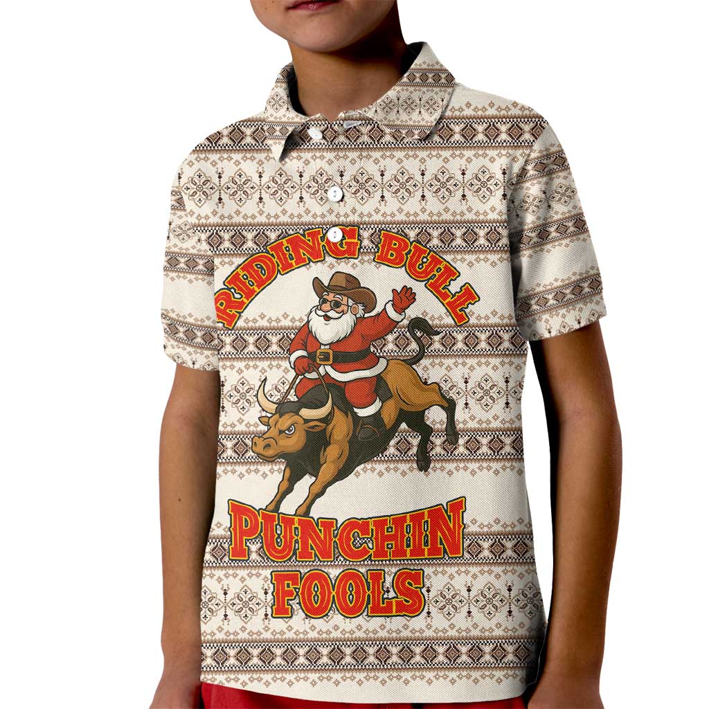 Riding Bulls Punchin Fools Christmas Kid Polo Shirt Xmas Holiday Patterns - Wonder Print Shop