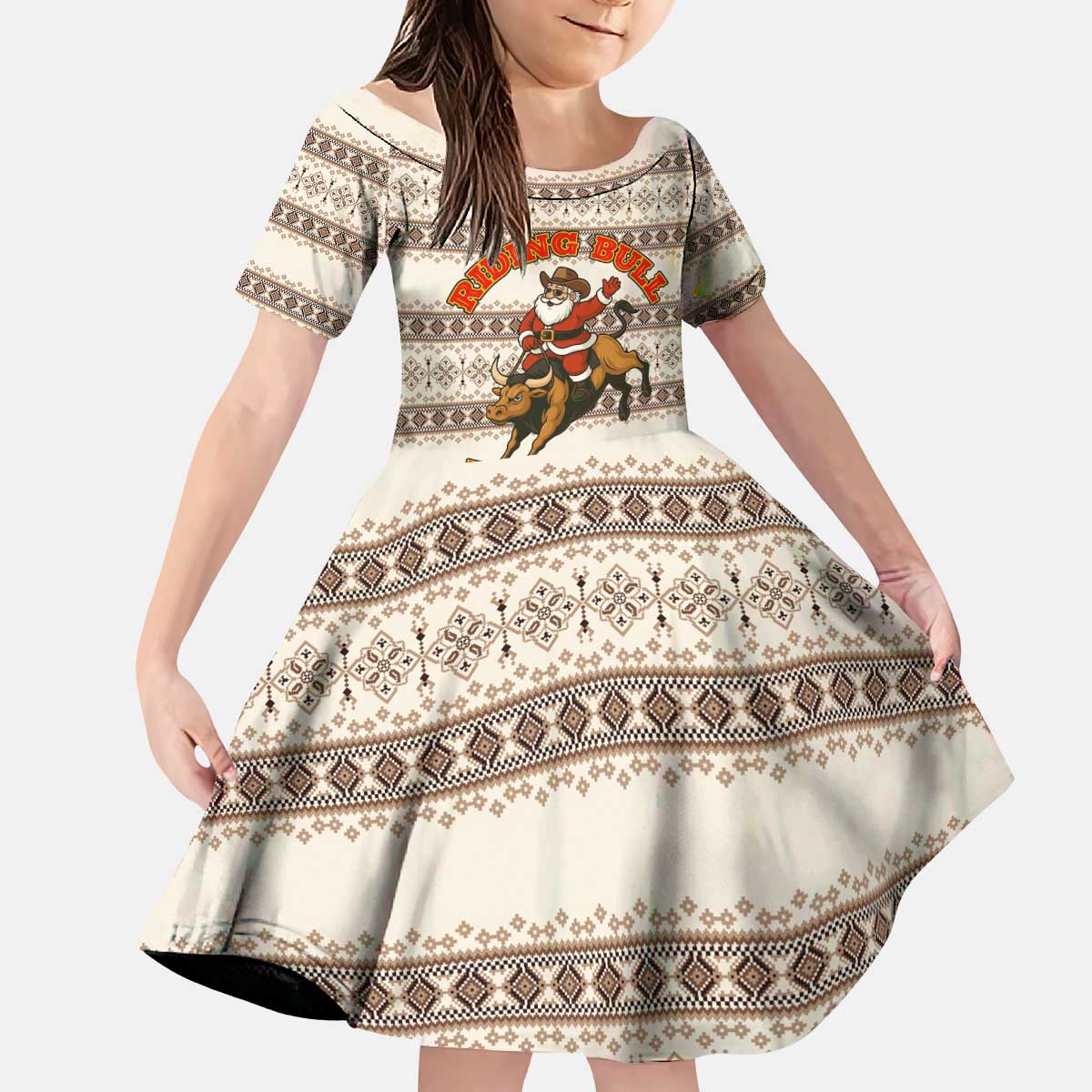 Riding Bulls Punchin Fools Christmas Kid Short Sleeve Dress Xmas Holiday Patterns - Wonder Print Shop