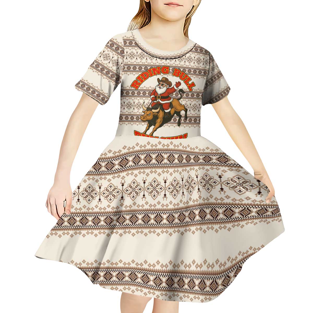 Riding Bulls Punchin Fools Christmas Kid Short Sleeve Dress Xmas Holiday Patterns - Wonder Print Shop