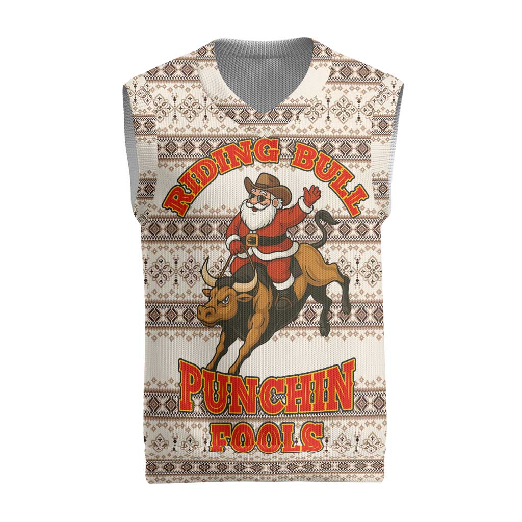 Riding Bulls Punchin Fools Christmas Knitted V-Neck Vest Xmas Holiday Patterns - Wonder Print Shop