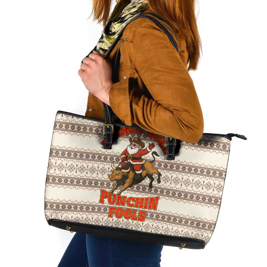 Riding Bulls Punchin Fools Christmas Leather Tote Bag Xmas Holiday Patterns - Wonder Print Shop