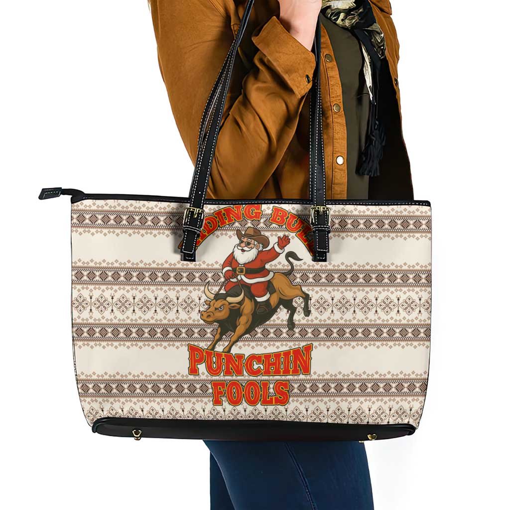 Riding Bulls Punchin Fools Christmas Leather Tote Bag Xmas Holiday Patterns - Wonder Print Shop