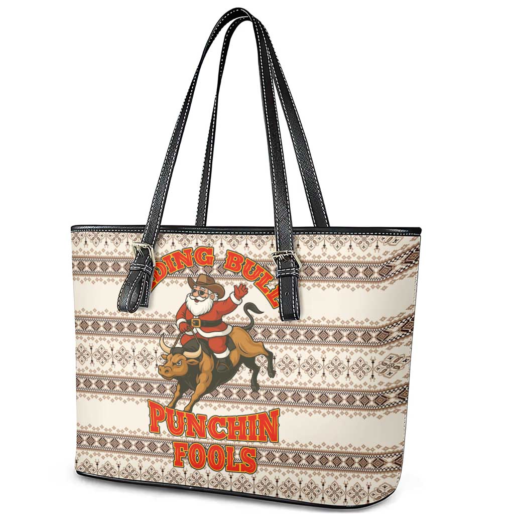 Riding Bulls Punchin Fools Christmas Leather Tote Bag Xmas Holiday Patterns - Wonder Print Shop