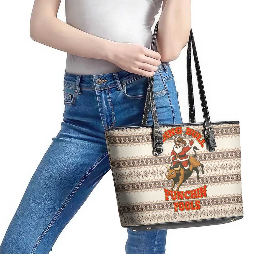 Riding Bulls Punchin Fools Christmas Leather Tote Bag Xmas Holiday Patterns - Wonder Print Shop