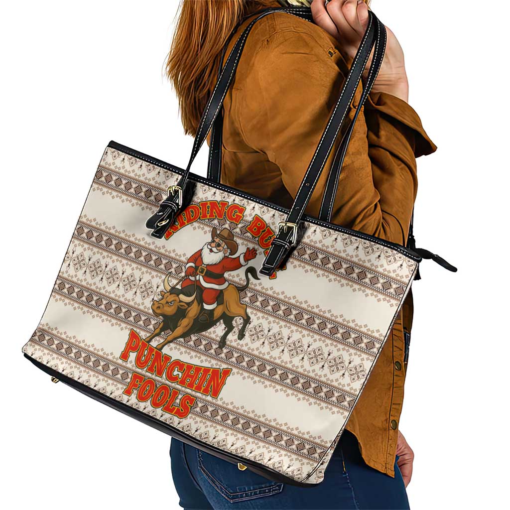Riding Bulls Punchin Fools Christmas Leather Tote Bag Xmas Holiday Patterns - Wonder Print Shop