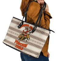 Riding Bulls Punchin Fools Christmas Leather Tote Bag Xmas Holiday Patterns - Wonder Print Shop