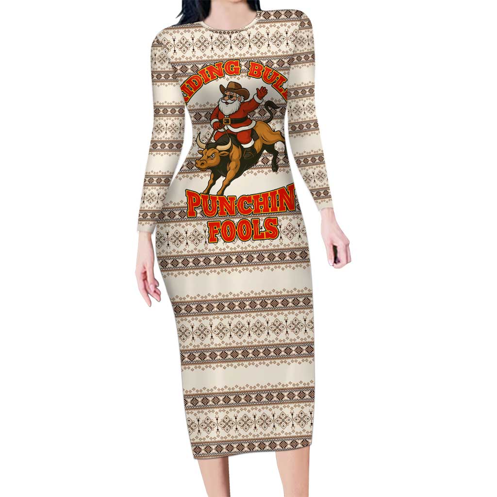 Riding Bulls Punchin Fools Christmas Long Sleeve Bodycon Dress Xmas Holiday Patterns - Wonder Print Shop