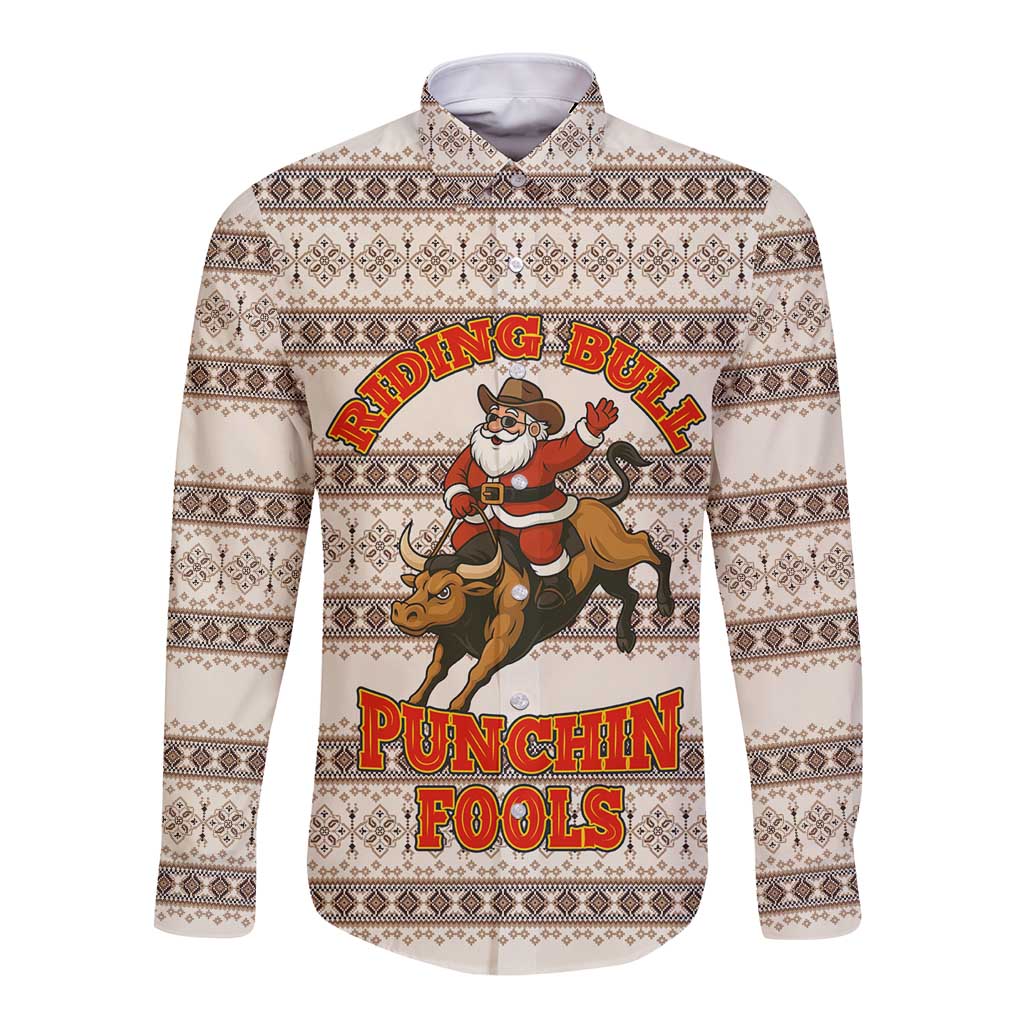 Riding Bulls Punchin Fools Christmas Long Sleeve Button Shirt Xmas Holiday Patterns - Wonder Print Shop