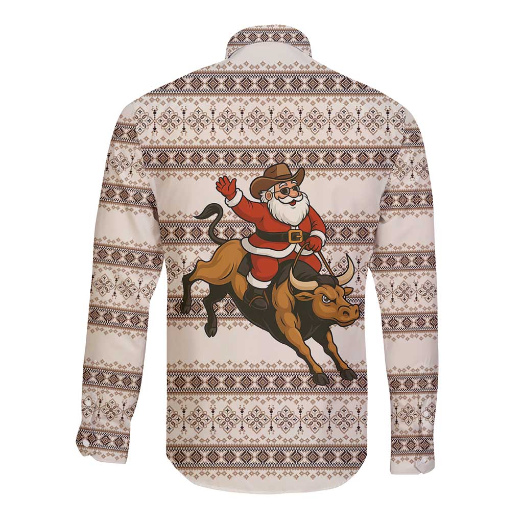 Riding Bulls Punchin Fools Christmas Long Sleeve Button Shirt Xmas Holiday Patterns - Wonder Print Shop