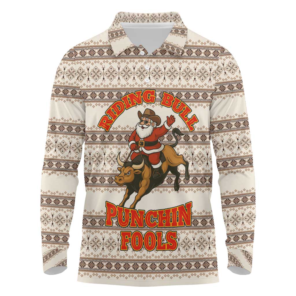Riding Bulls Punchin Fools Christmas Long Sleeve Polo Shirt Xmas Holiday Patterns - Wonder Print Shop