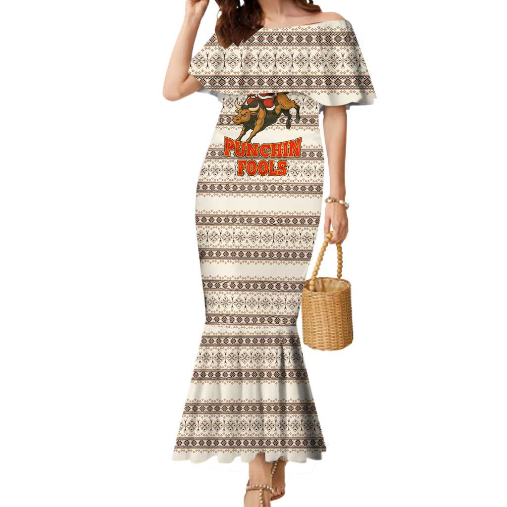 Riding Bulls Punchin Fools Christmas Mermaid Dress Xmas Holiday Patterns - Wonder Print Shop