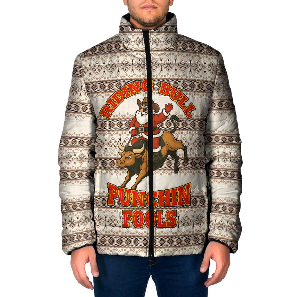 Riding Bulls Punchin Fools Christmas Padded Jacket Xmas Holiday Patterns - Wonder Print Shop