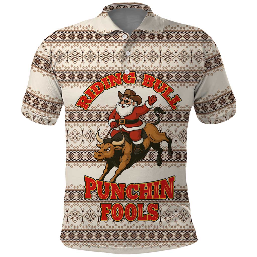 Riding Bulls Punchin Fools Christmas Polo Shirt Xmas Holiday Patterns - Wonder Print Shop