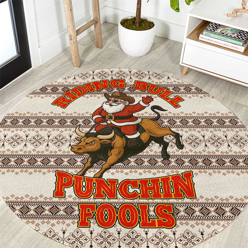 Riding Bulls Punchin Fools Christmas Round Carpet Xmas Holiday Patterns - Wonder Print Shop
