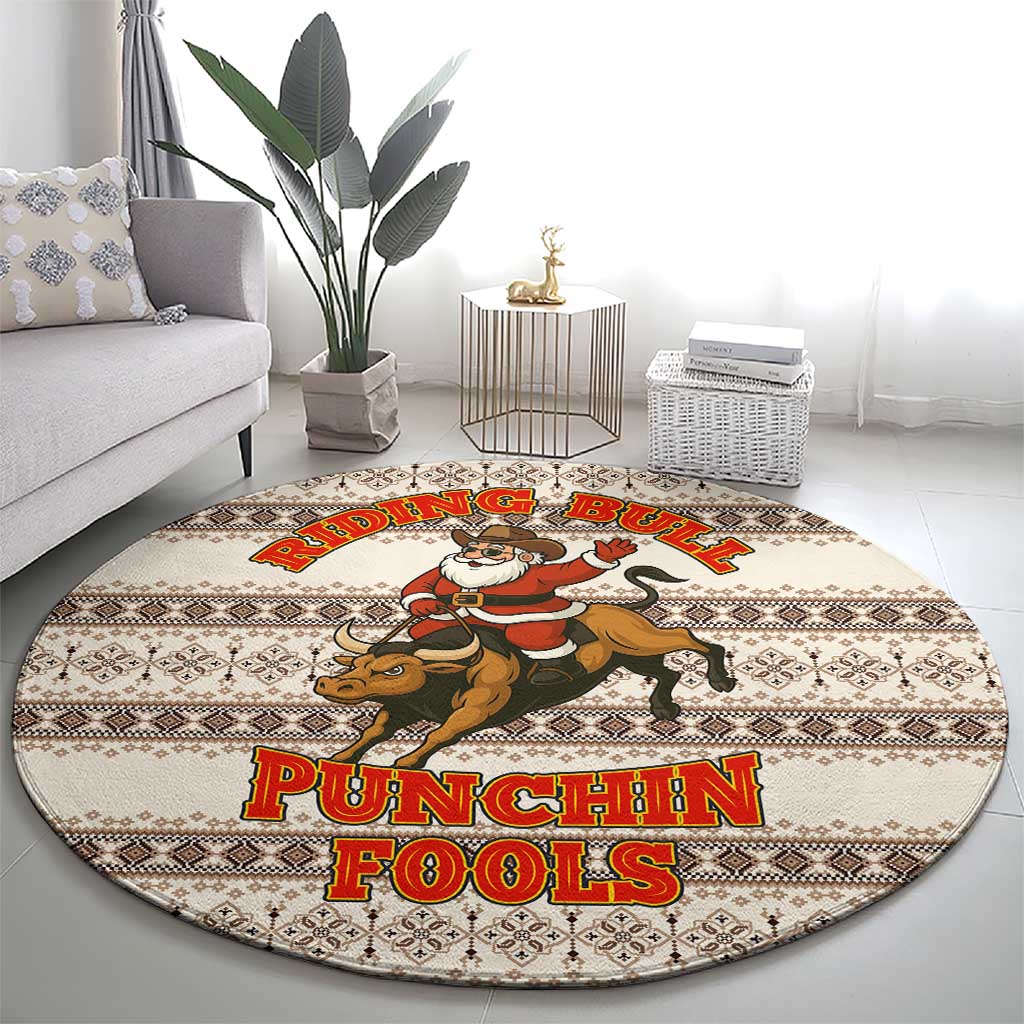Riding Bulls Punchin Fools Christmas Round Carpet Xmas Holiday Patterns - Wonder Print Shop