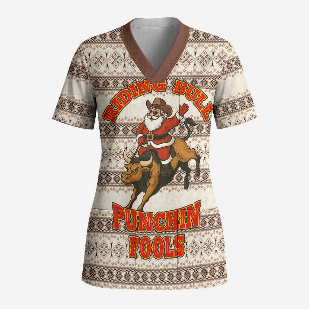 Riding Bulls Punchin Fools Christmas Scrub Top Xmas Holiday Patterns - Wonder Print Shop