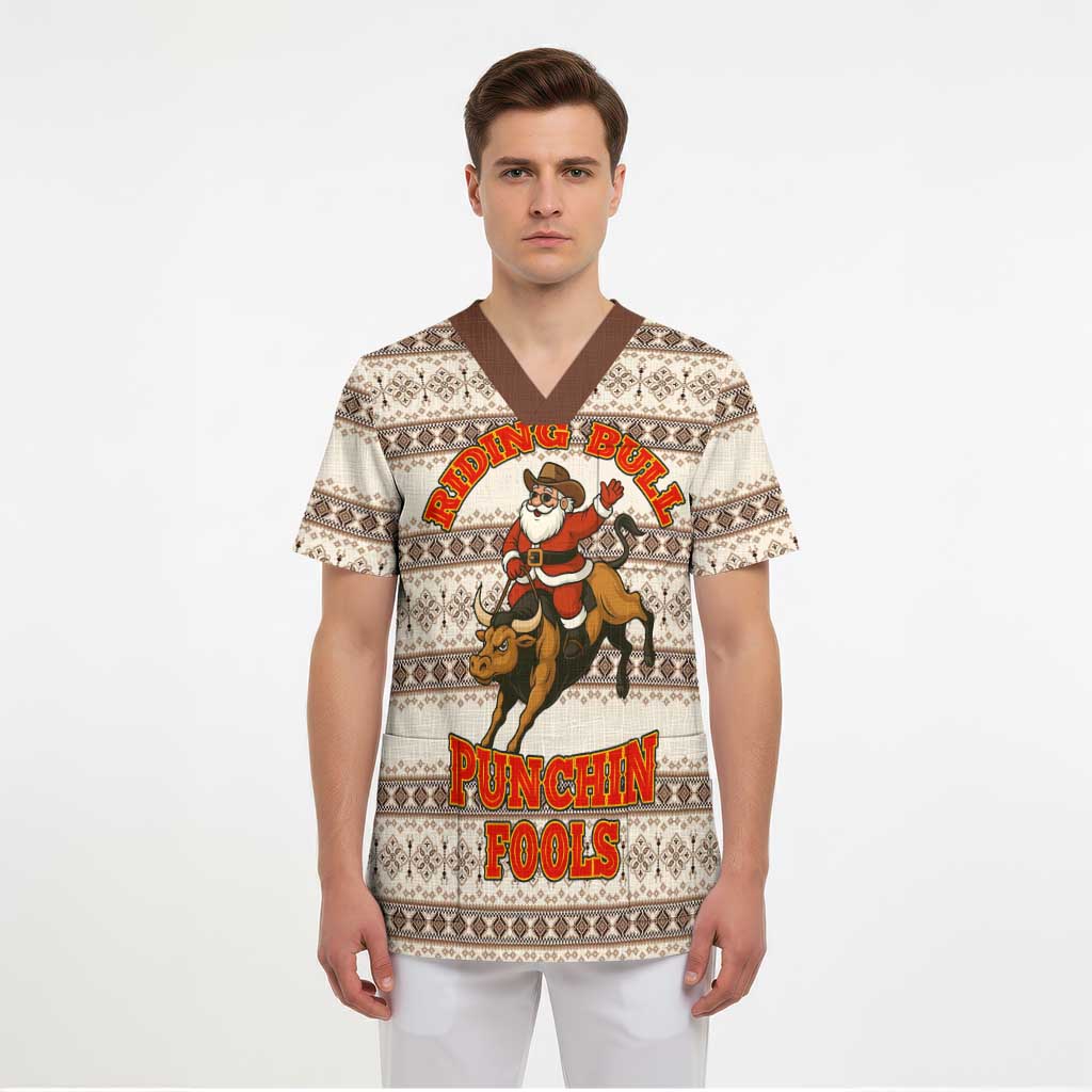 Riding Bulls Punchin Fools Christmas Scrub Top Xmas Holiday Patterns - Wonder Print Shop