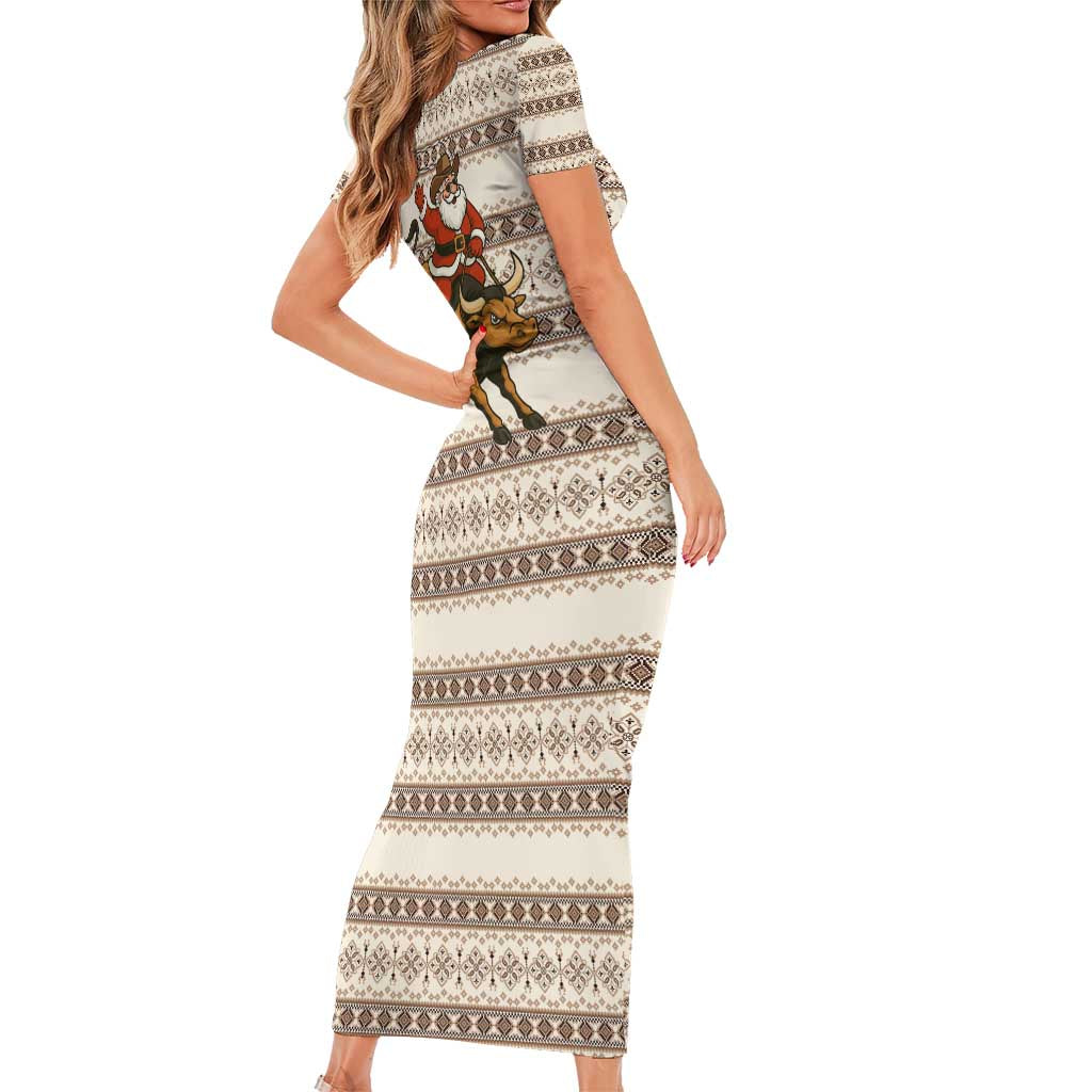 Riding Bulls Punchin Fools Christmas Short Sleeve Bodycon Dress Xmas Holiday Patterns - Wonder Print Shop