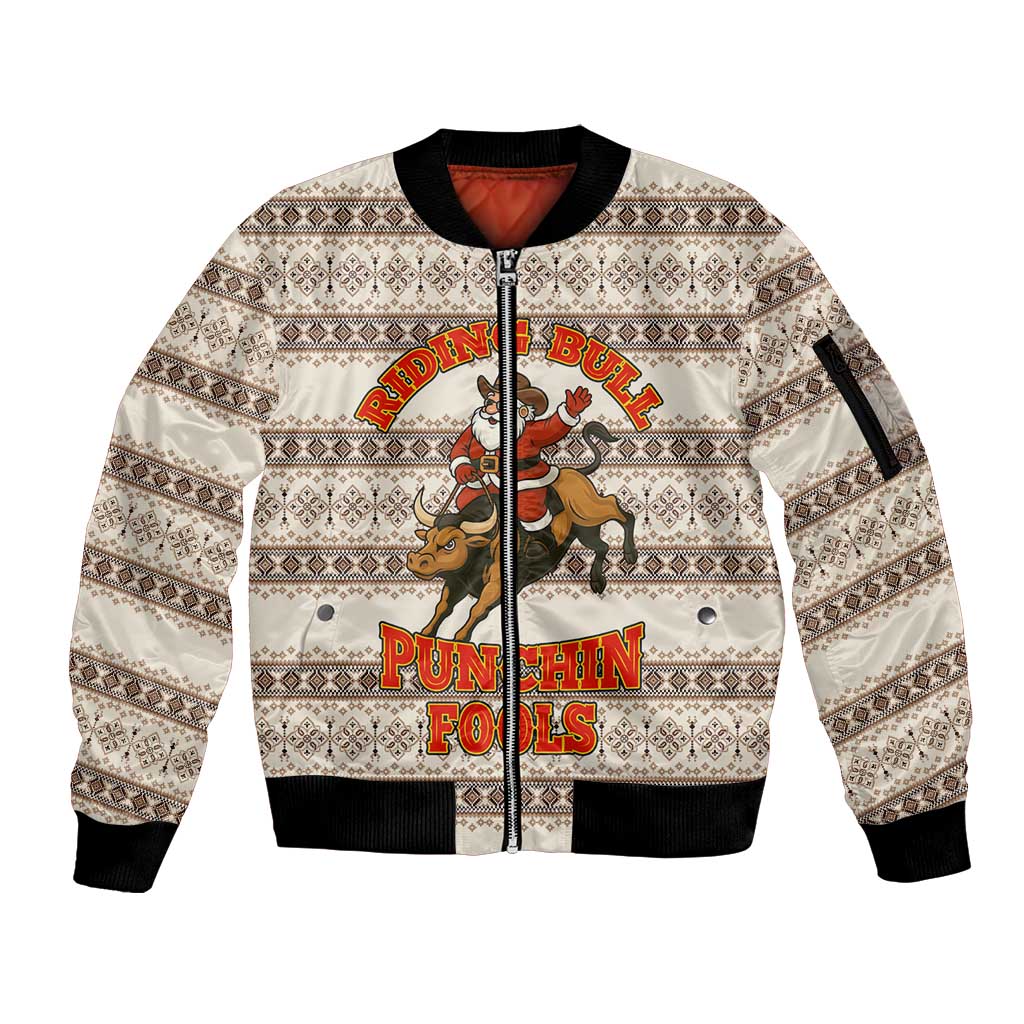 Riding Bulls Punchin Fools Christmas Sleeve Zip Bomber Jacket Xmas Holiday Patterns - Wonder Print Shop