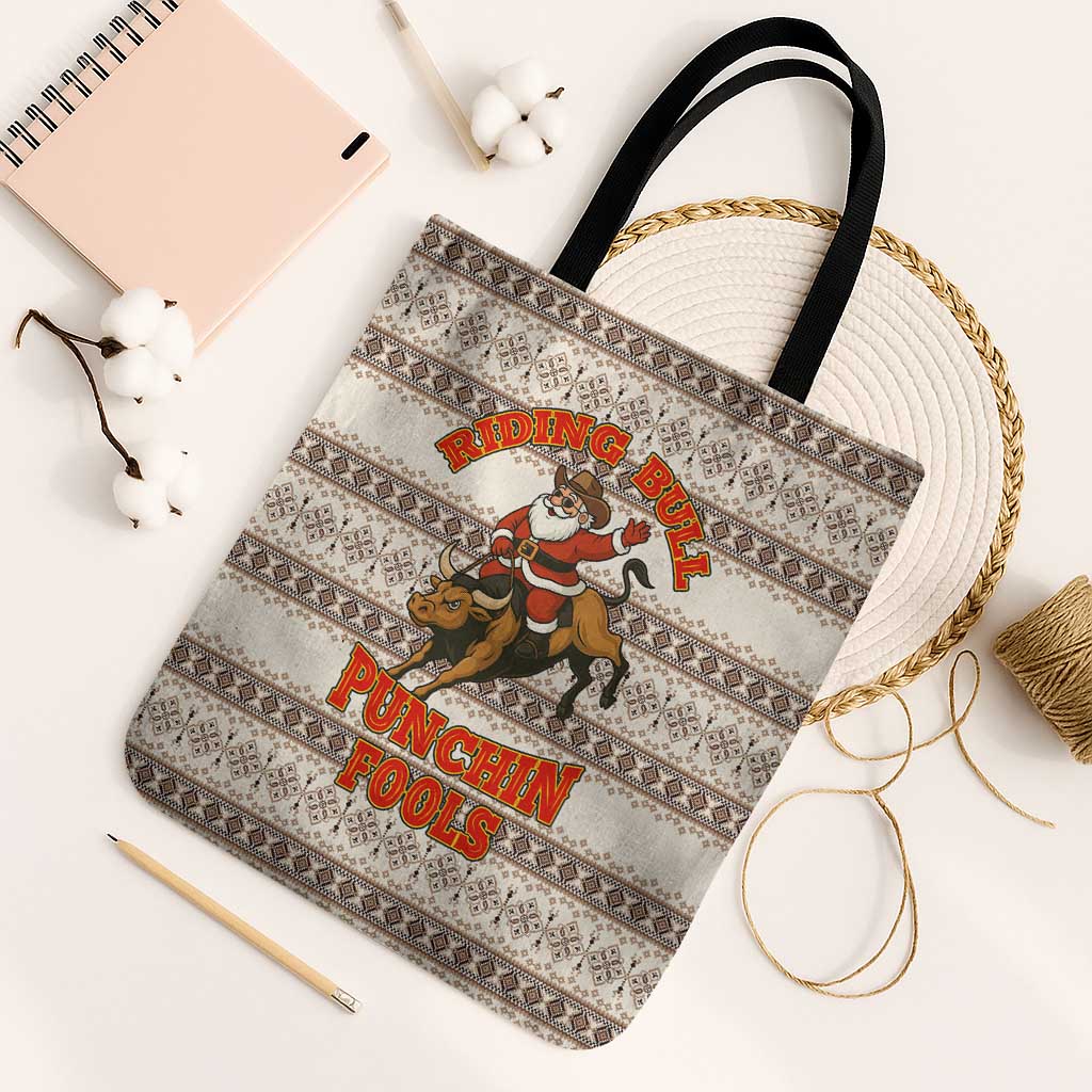 Riding Bulls Punchin Fools Christmas Tote Bag Xmas Holiday Patterns - Wonder Print Shop