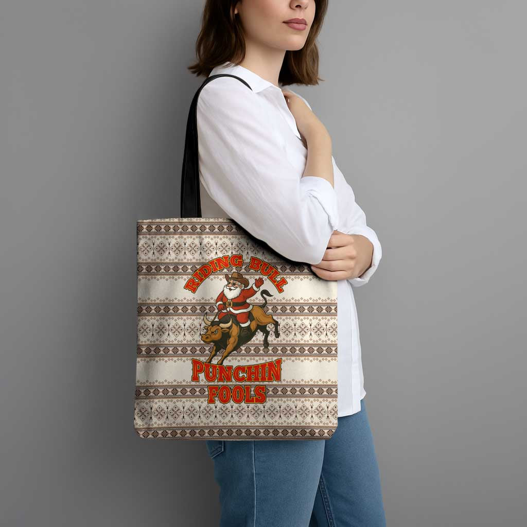 Riding Bulls Punchin Fools Christmas Tote Bag Xmas Holiday Patterns - Wonder Print Shop