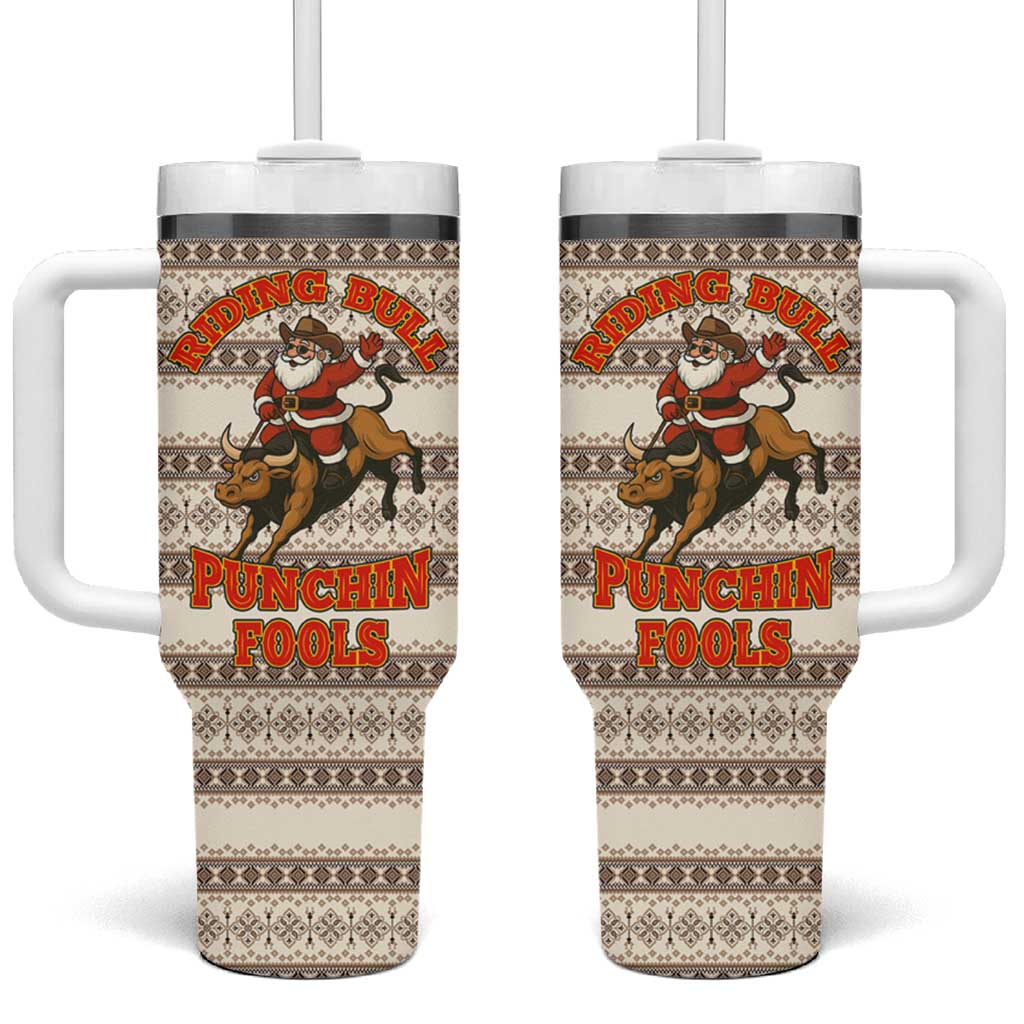 Riding Bulls Punchin Fools Christmas Tumbler With Handle Xmas Holiday Patterns - Wonder Print Shop