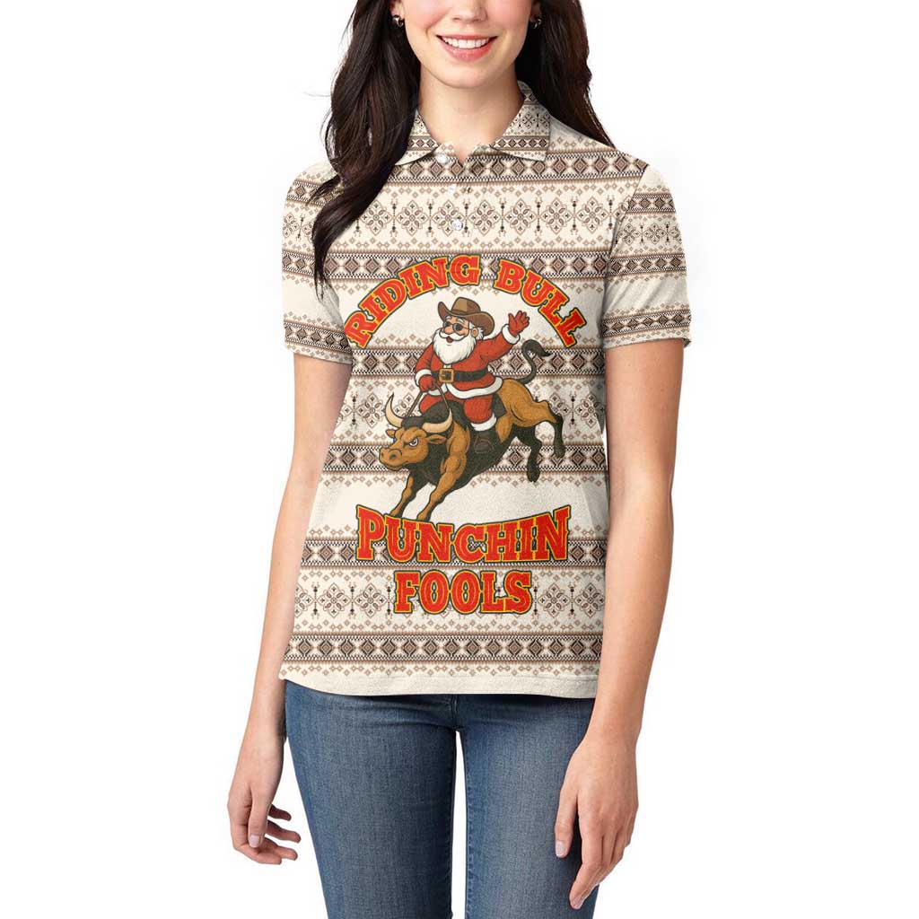 Riding Bulls Punchin Fools Christmas Women Polo Shirt Xmas Holiday Patterns - Wonder Print Shop