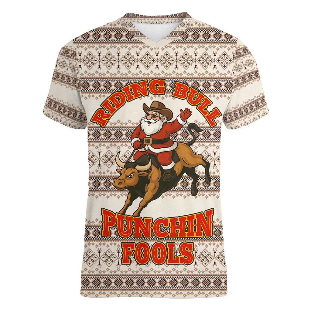 Riding Bulls Punchin Fools Christmas Women V-Neck T-Shirt Xmas Holiday Patterns - Wonder Print Shop