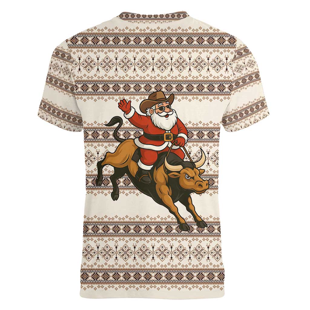 Riding Bulls Punchin Fools Christmas Women V-Neck T-Shirt Xmas Holiday Patterns - Wonder Print Shop