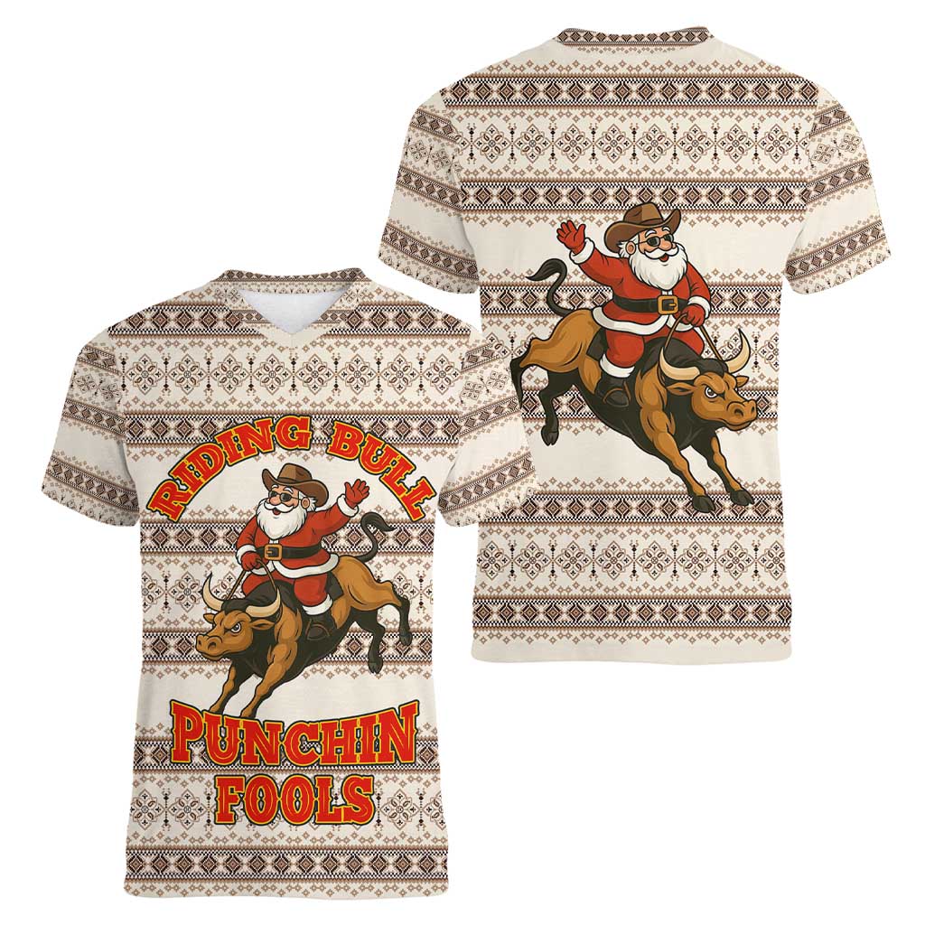 Riding Bulls Punchin Fools Christmas Women V-Neck T-Shirt Xmas Holiday Patterns - Wonder Print Shop