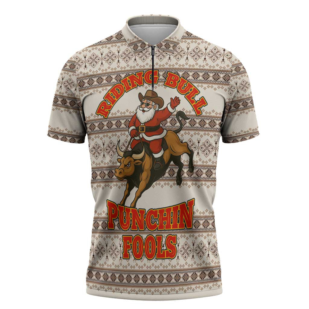 Riding Bulls Punchin Fools Christmas Zipper Polo Shirt Xmas Holiday Patterns - Wonder Print Shop