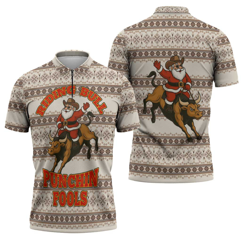 Riding Bulls Punchin Fools Christmas Zipper Polo Shirt Xmas Holiday Patterns - Wonder Print Shop
