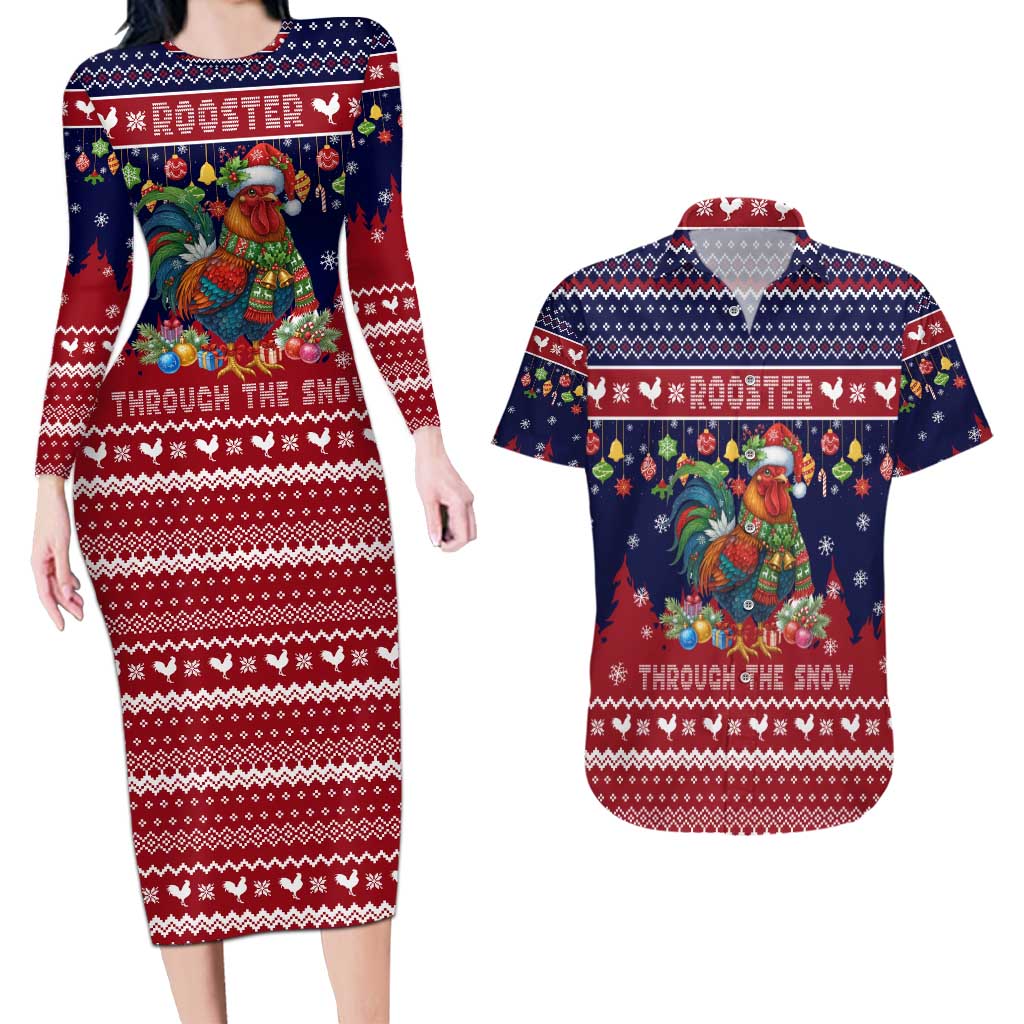 Rooster Through The Snow Christmas Couples Matching Long Sleeve Bodycon Dress and Hawaiian Shirt Xmas Holiday Patterns - Wonder Print Shop
