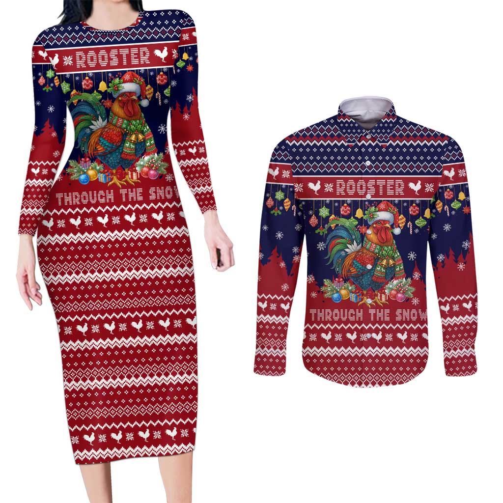 Rooster Through The Snow Christmas Couples Matching Long Sleeve Bodycon Dress and Long Sleeve Button Shirt Xmas Holiday Patterns - Wonder Print Shop