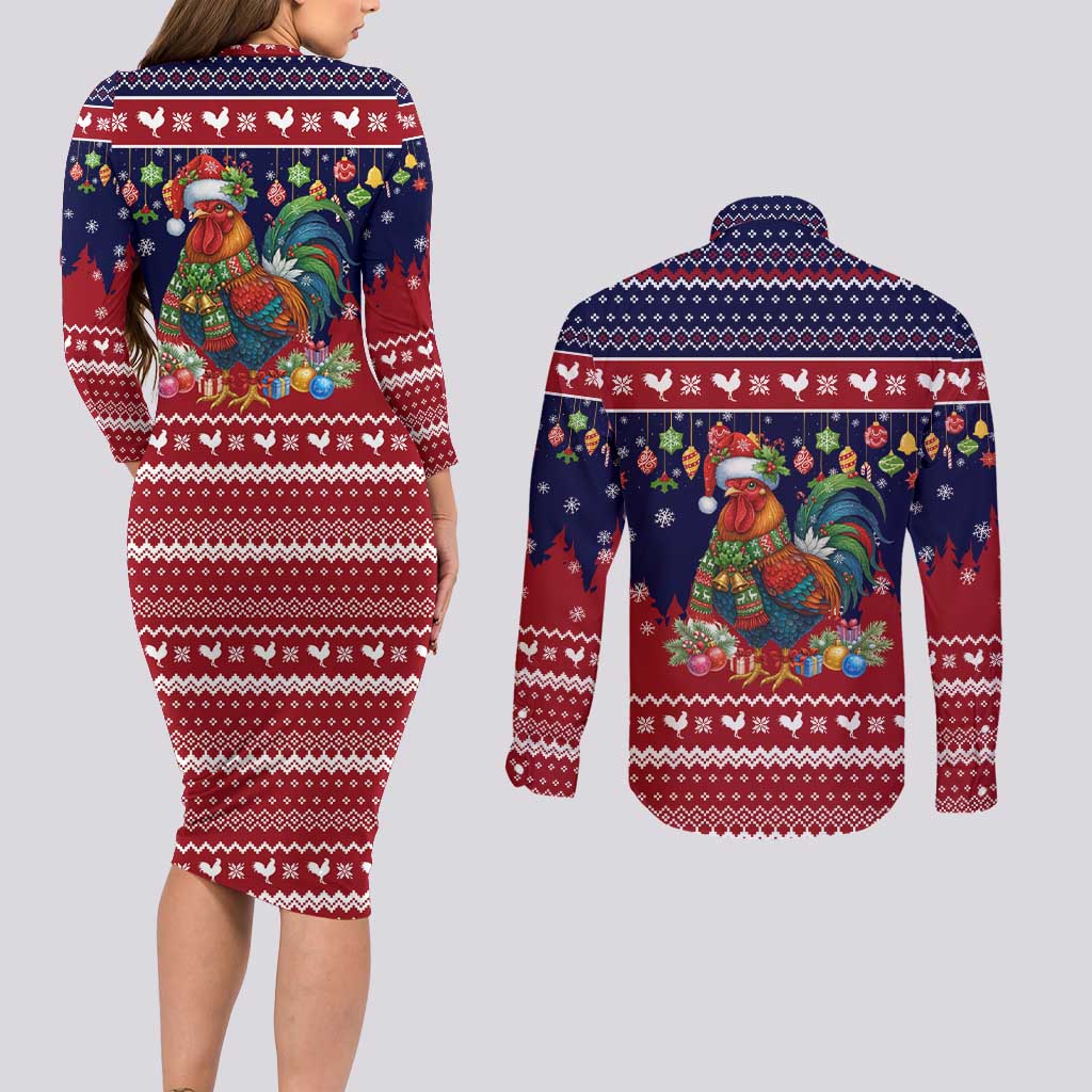 Rooster Through The Snow Christmas Couples Matching Long Sleeve Bodycon Dress and Long Sleeve Button Shirt Xmas Holiday Patterns - Wonder Print Shop