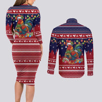 Rooster Through The Snow Christmas Couples Matching Long Sleeve Bodycon Dress and Long Sleeve Button Shirt Xmas Holiday Patterns - Wonder Print Shop