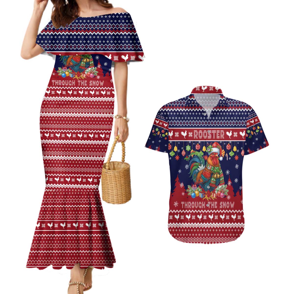 Rooster Through The Snow Christmas Couples Matching Mermaid Dress and Hawaiian Shirt Xmas Holiday Patterns - Wonder Print Shop