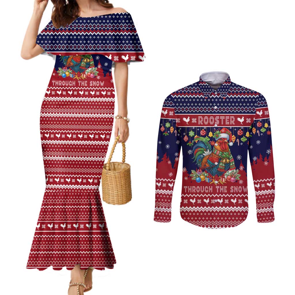 Rooster Through The Snow Christmas Couples Matching Mermaid Dress and Long Sleeve Button Shirt Xmas Holiday Patterns - Wonder Print Shop