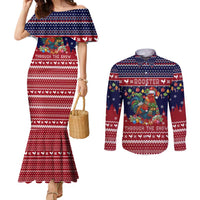 Rooster Through The Snow Christmas Couples Matching Mermaid Dress and Long Sleeve Button Shirt Xmas Holiday Patterns - Wonder Print Shop