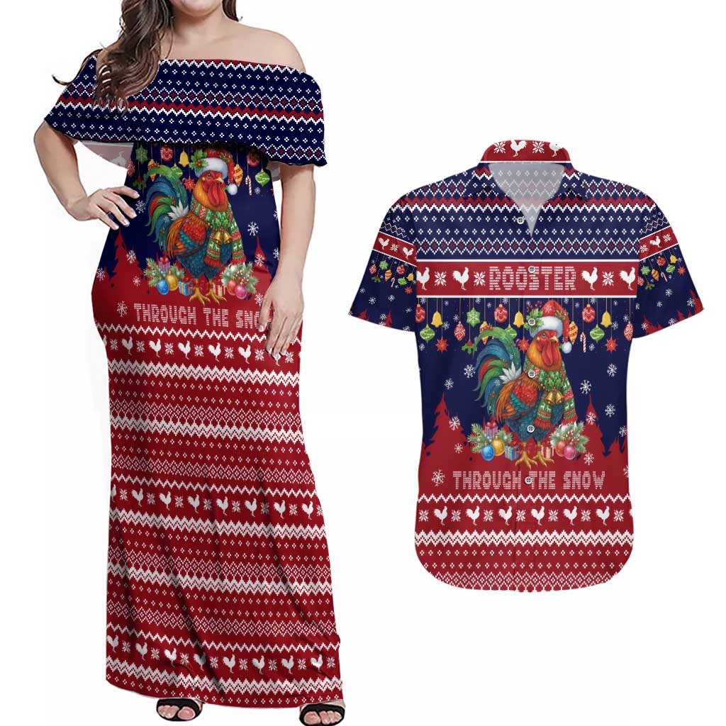 Rooster Through The Snow Christmas Couples Matching Off Shoulder Maxi Dress and Hawaiian Shirt Xmas Holiday Patterns - Wonder Print Shop