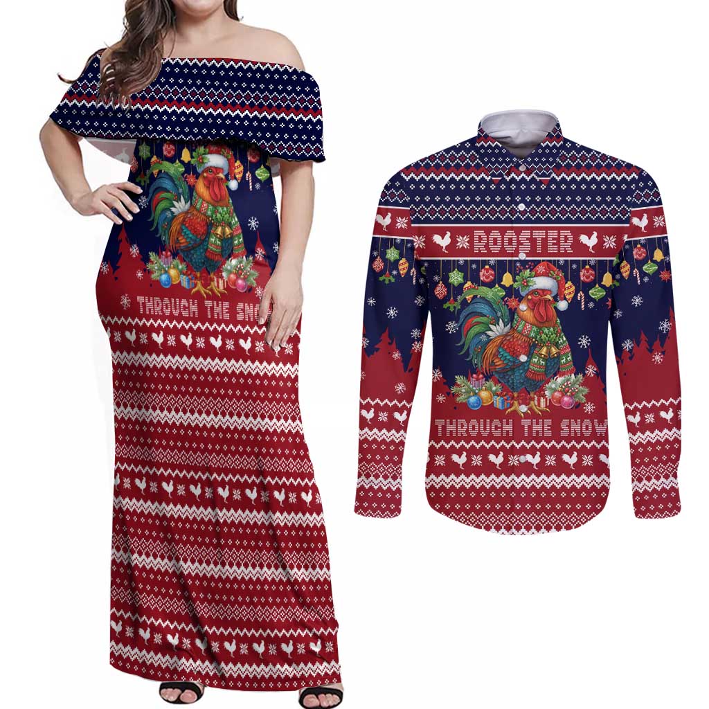 Rooster Through The Snow Christmas Couples Matching Off Shoulder Maxi Dress and Long Sleeve Button Shirt Xmas Holiday Patterns - Wonder Print Shop
