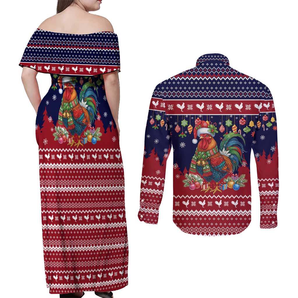 Rooster Through The Snow Christmas Couples Matching Off Shoulder Maxi Dress and Long Sleeve Button Shirt Xmas Holiday Patterns - Wonder Print Shop
