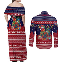 Rooster Through The Snow Christmas Couples Matching Off Shoulder Maxi Dress and Long Sleeve Button Shirt Xmas Holiday Patterns - Wonder Print Shop