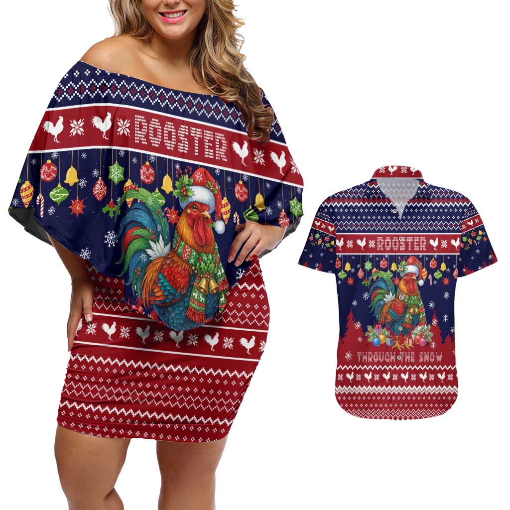 Rooster Through The Snow Christmas Couples Matching Off Shoulder Short Dress and Hawaiian Shirt Xmas Holiday Patterns - Wonder Print Shop