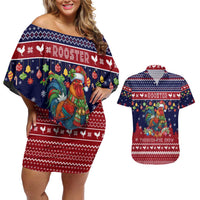 Rooster Through The Snow Christmas Couples Matching Off Shoulder Short Dress and Hawaiian Shirt Xmas Holiday Patterns - Wonder Print Shop