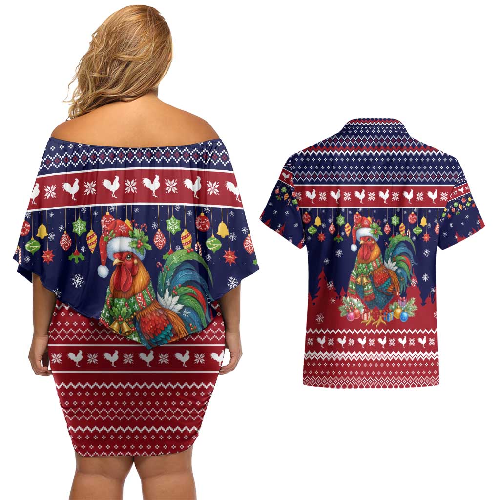 Rooster Through The Snow Christmas Couples Matching Off Shoulder Short Dress and Hawaiian Shirt Xmas Holiday Patterns - Wonder Print Shop