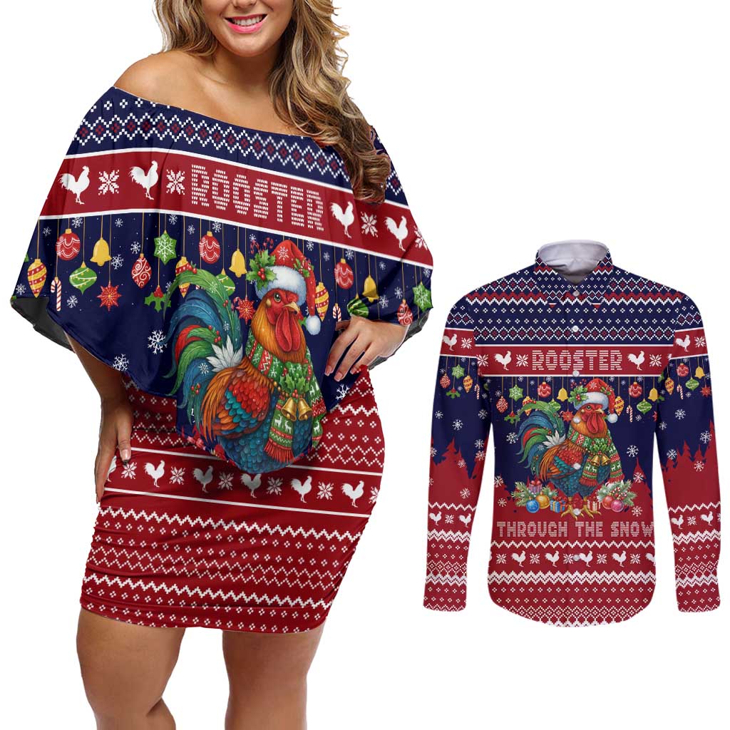 Rooster Through The Snow Christmas Couples Matching Off Shoulder Short Dress and Long Sleeve Button Shirt Xmas Holiday Patterns - Wonder Print Shop