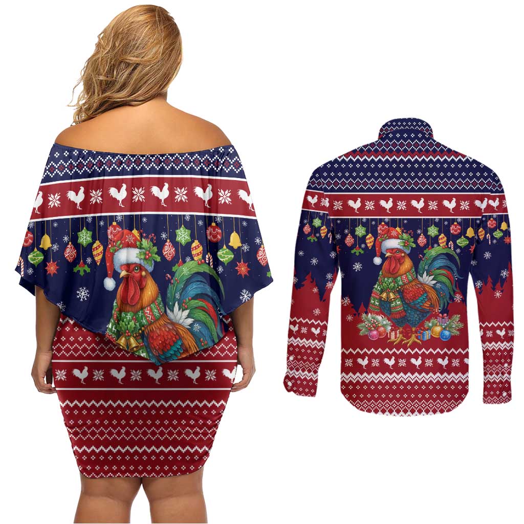 Rooster Through The Snow Christmas Couples Matching Off Shoulder Short Dress and Long Sleeve Button Shirt Xmas Holiday Patterns - Wonder Print Shop