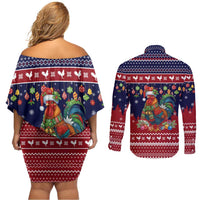 Rooster Through The Snow Christmas Couples Matching Off Shoulder Short Dress and Long Sleeve Button Shirt Xmas Holiday Patterns - Wonder Print Shop