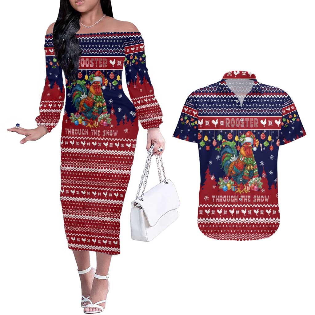 Rooster Through The Snow Christmas Couples Matching Off The Shoulder Long Sleeve Dress and Hawaiian Shirt Xmas Holiday Patterns - Wonder Print Shop